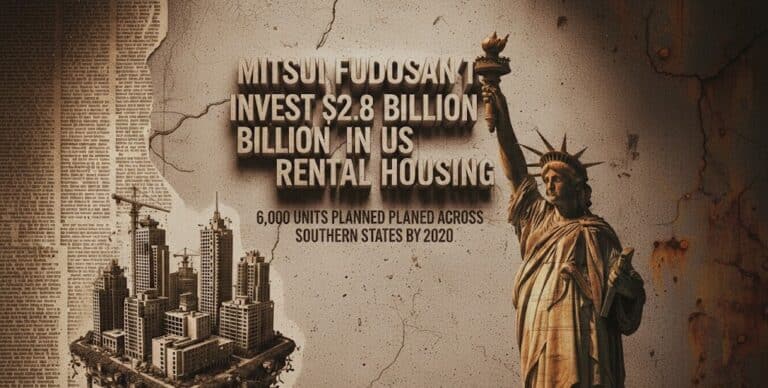 An artistic, sepia-toned graphic featuring the Statue of Liberty and a cityscape with text announcing a $2.8 billion investment by Mitsui Fudosan in US rental housing.