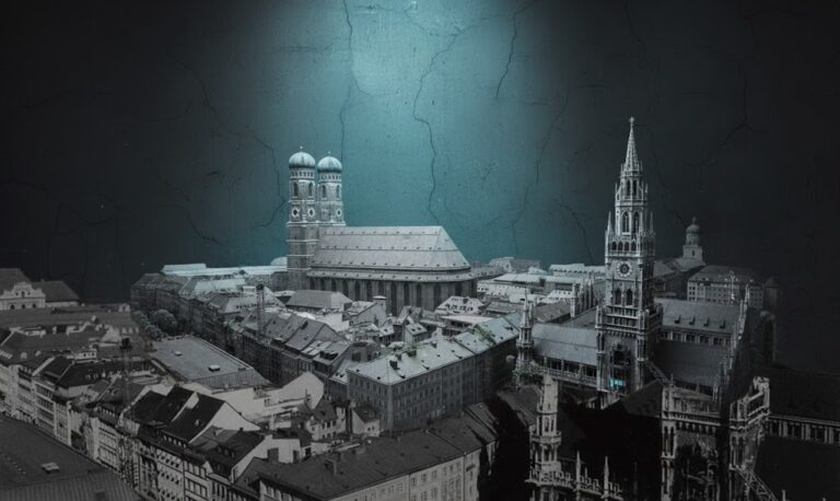 A high-contrast, moody digital edit of the Munich skyline, featuring the twin onion-domed towers of the Frauenkirche cathedral and the Neo-Gothic spire of the New Town Hall (Neues Rathaus) under a central teal spotlight.