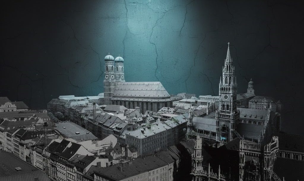 A high-contrast, moody digital edit of the Munich skyline, featuring the twin onion-domed towers of the Frauenkirche cathedral and the Neo-Gothic spire of the New Town Hall (Neues Rathaus) under a central teal spotlight.