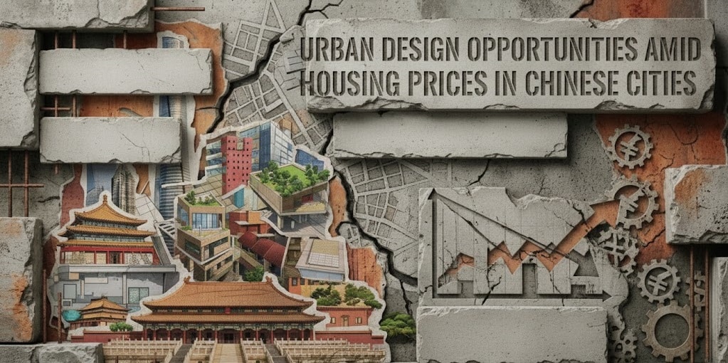 A conceptual 3D collage featuring traditional and modern Chinese architecture emerging from a cracked concrete wall, alongside a falling stock market graph and currency symbols, with the title "Urban Design Opportunities Amid Housing Prices in Chinese Cities."