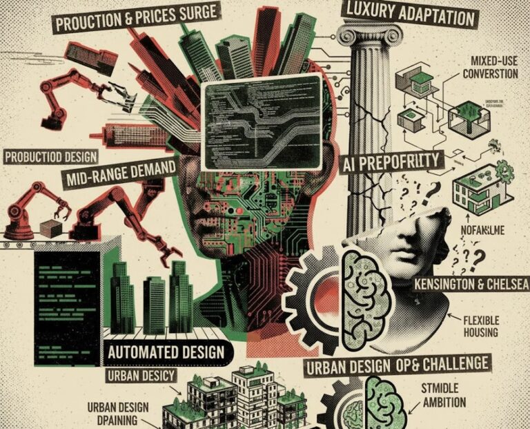 A vintage-style collage illustration exploring the intersection of AI, urban design, and industrial production. It features a cybernetic head with skyscrapers emerging from it, robotic arms, a classical bust, and various architectural diagrams with labels like "Automated Design" and "Luxury Adaptation."