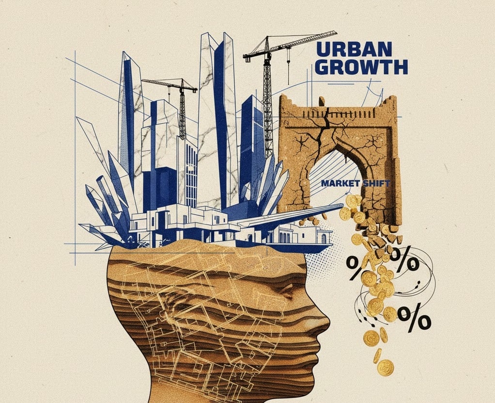 A conceptual collage artwork featuring a human profile made of layered earth, with modern blue skyscrapers and construction cranes emerging from the top of the head. To the right, gold coins and percentage symbols fall through a cracked stone archway labeled "Market Shift."