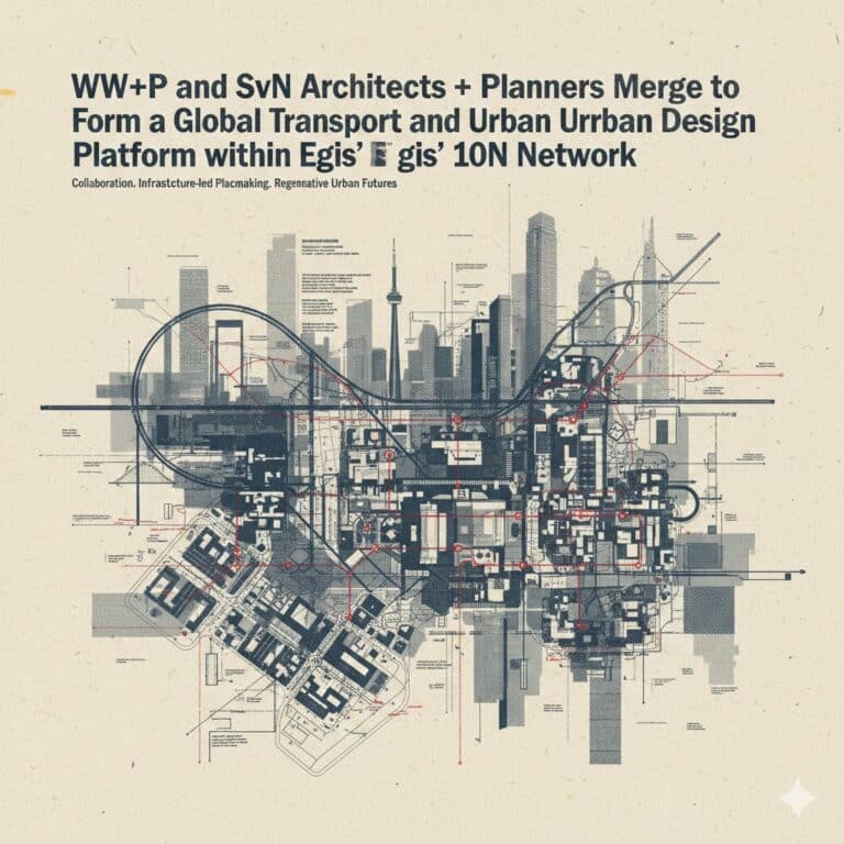 An architectural conceptual graphic featuring a stylized skyline of Toronto with a technical overlay of transit lines and urban grids. Large text at the top announces the merger of WW+P and SvN Architects + Planners within Egis’ 10N Network.