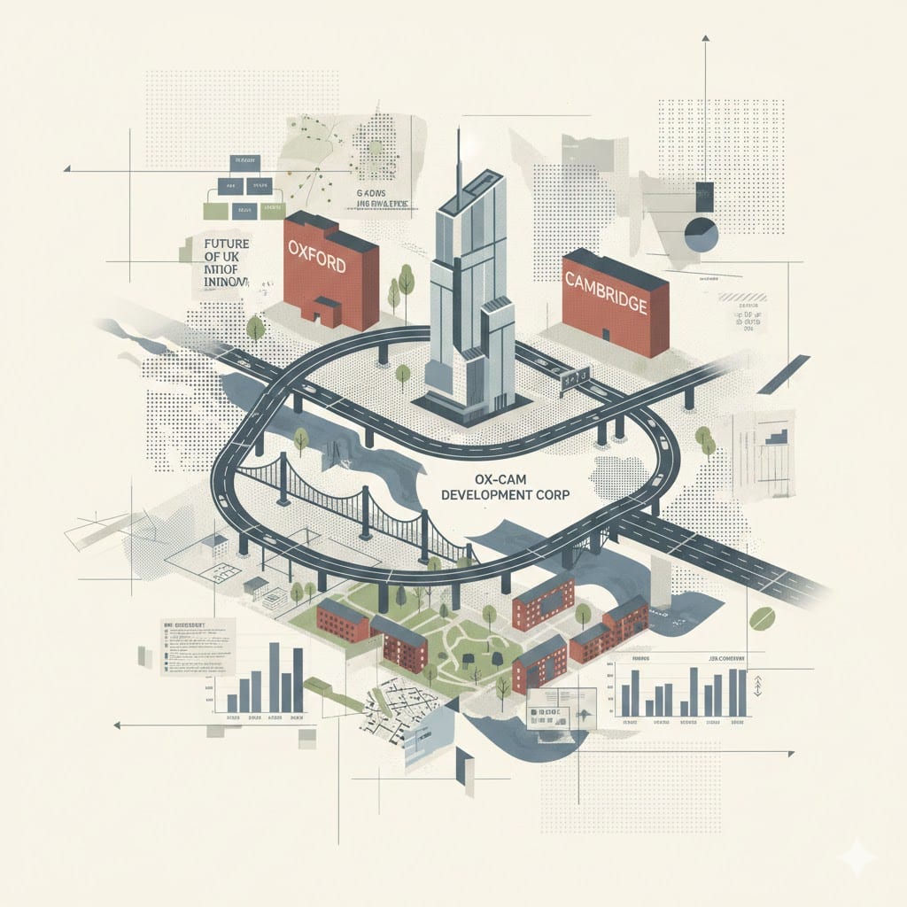 An isometric architectural illustration showing a central skyscraper connected by highways to buildings labeled "Oxford" and "Cambridge," surrounded by data charts and urban planning elements.