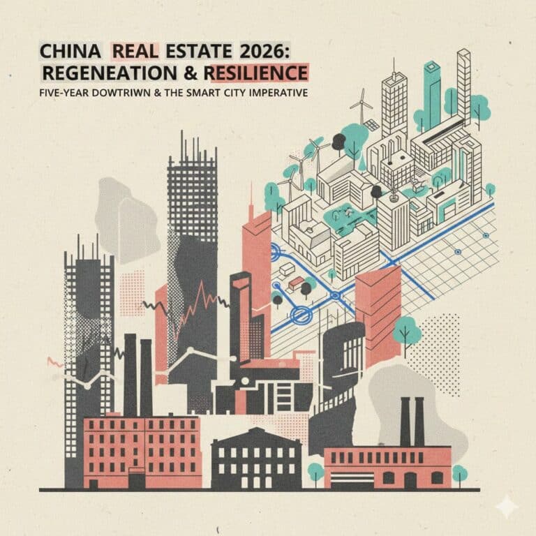 An editorial illustration showing a visual transition from old, industrial, and unfinished grey buildings on the left to a modern, teal-colored "smart city" on the right, featuring wind turbines and digital grids.