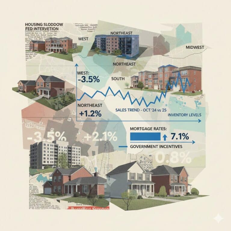 A collage-style infographic about the U.S. housing slowdown, featuring a jagged blue sales trend line, regional data points like Northeast +1.2% and West -3.5%, mortgage rates at 7.1%, and various residential building illustrations.