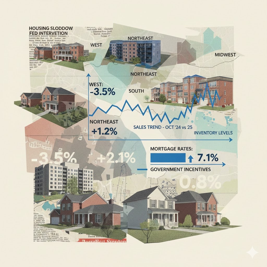 A collage-style infographic about the U.S. housing slowdown, featuring a jagged blue sales trend line, regional data points like Northeast +1.2% and West -3.5%, mortgage rates at 7.1%, and various residential building illustrations.