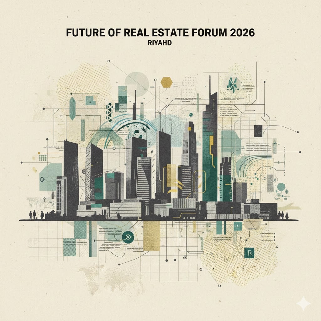 An abstract, stylized digital illustration of the Riyadh skyline for the Future of Real Estate Forum 2026. The artwork features geometric skyscrapers in shades of dark green, grey, and gold, layered with technical diagrams, data nodes, and architectural grid patterns on a cream-textured background.