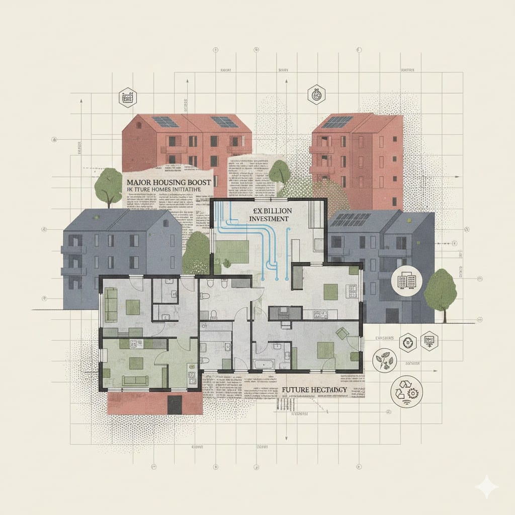 An architectural collage showing a detailed floor plan overlaid on residential buildings with newspaper snippets about housing investment and sustainability icons.