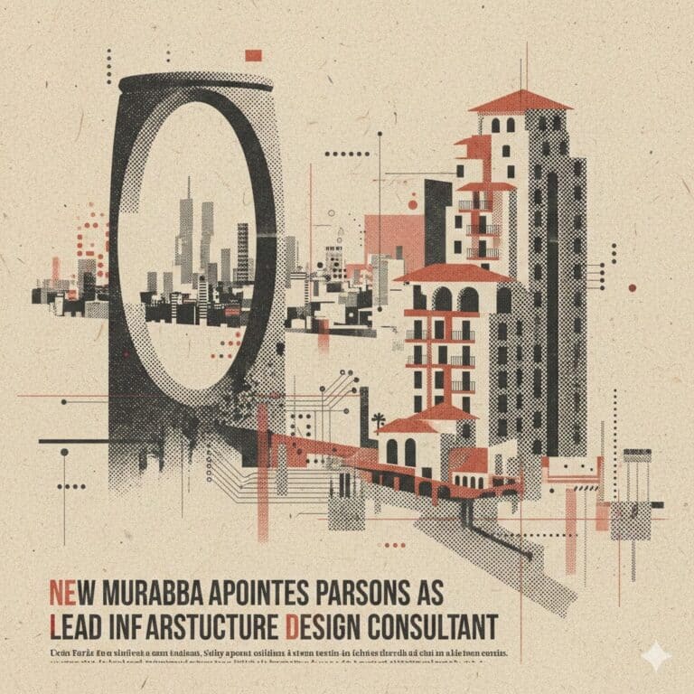 An abstract architectural illustration in a vintage risograph style featuring a large oval structure and city buildings. The text reads: "NEW MURABBA APPOINTS PARSONS AS LEAD INFRASTRUCTURE DESIGN CONSULTANT."