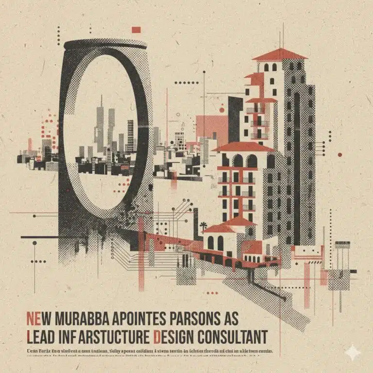 An abstract architectural illustration in a vintage risograph style featuring a large oval structure and city buildings. The text reads: "NEW MURABBA APPOINTS PARSONS AS LEAD INFRASTRUCTURE DESIGN CONSULTANT."