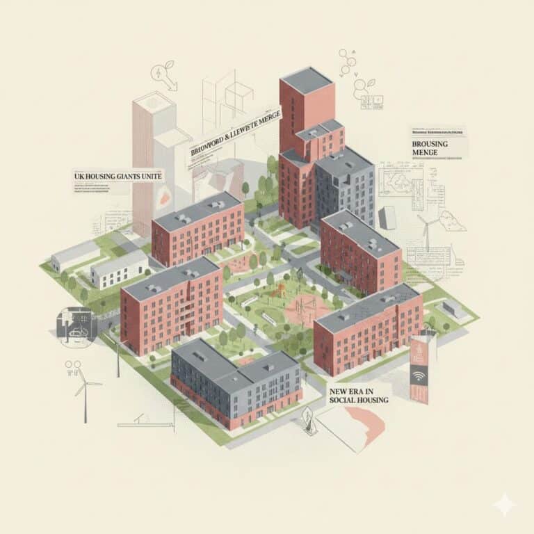 An isometric architectural illustration of a modern housing complex with red and grey brick buildings surrounding a green courtyard, featuring newspaper-style headlines about housing mergers.