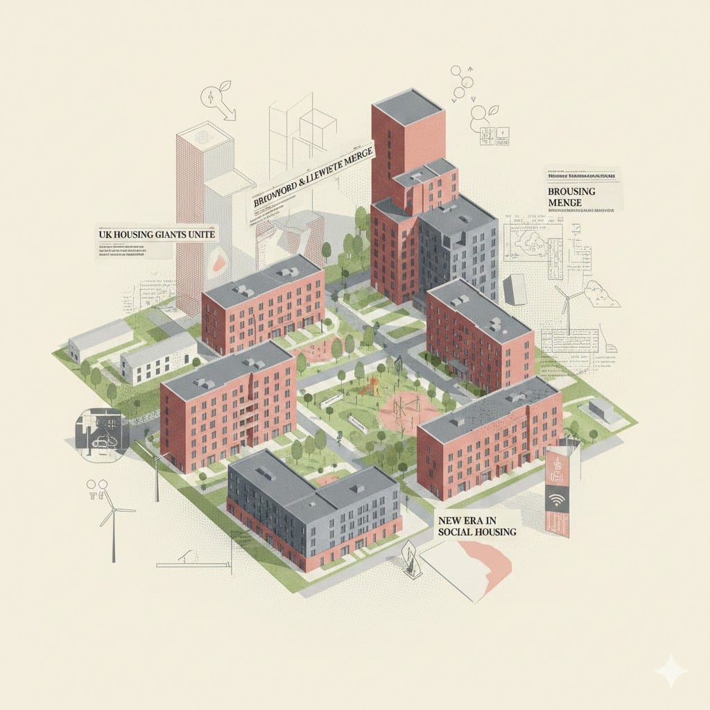 An isometric architectural illustration of a modern housing complex with red and grey brick buildings surrounding a green courtyard, featuring newspaper-style headlines about housing mergers.