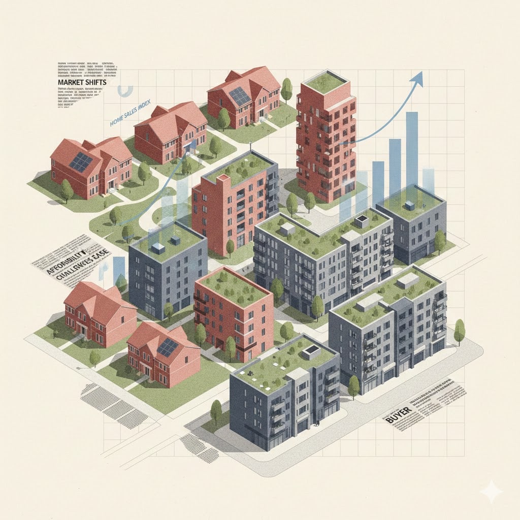 An isometric architectural illustration of a diverse neighborhood featuring suburban houses with solar panels and modern urban apartment buildings, overlaid with a rising blue arrow and bar charts representing market growth.