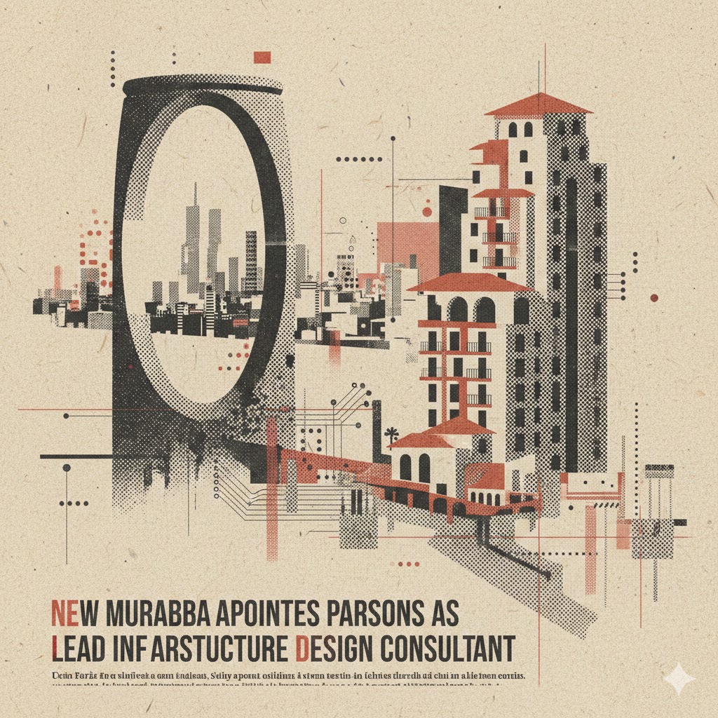 An abstract architectural illustration in a vintage risograph style featuring a large oval structure and city buildings. The text reads: "NEW MURABBA APPOINTS PARSONS AS LEAD INFRASTRUCTURE DESIGN CONSULTANT."