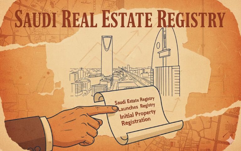 An illustrative graphic with a vintage orange theme featuring the Riyadh skyline, a map, and a hand pointing to a scroll that reads "Saudi Estate Registry Launches Registry Initial Property Registration."