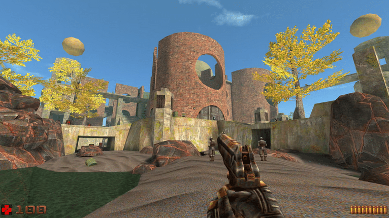 A first-person shooter game screenshot showing a hand holding a pistol, facing two soldiers in front of a large circular brick building with yellow autumn trees and floating rocks in the sky.