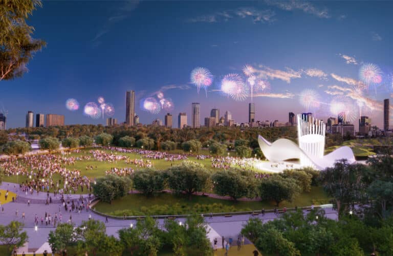Sustainable Olympic Stadium at Victoria Park in Brisbane, surrounded by green space and city skyline with fireworks during 2032 Games.