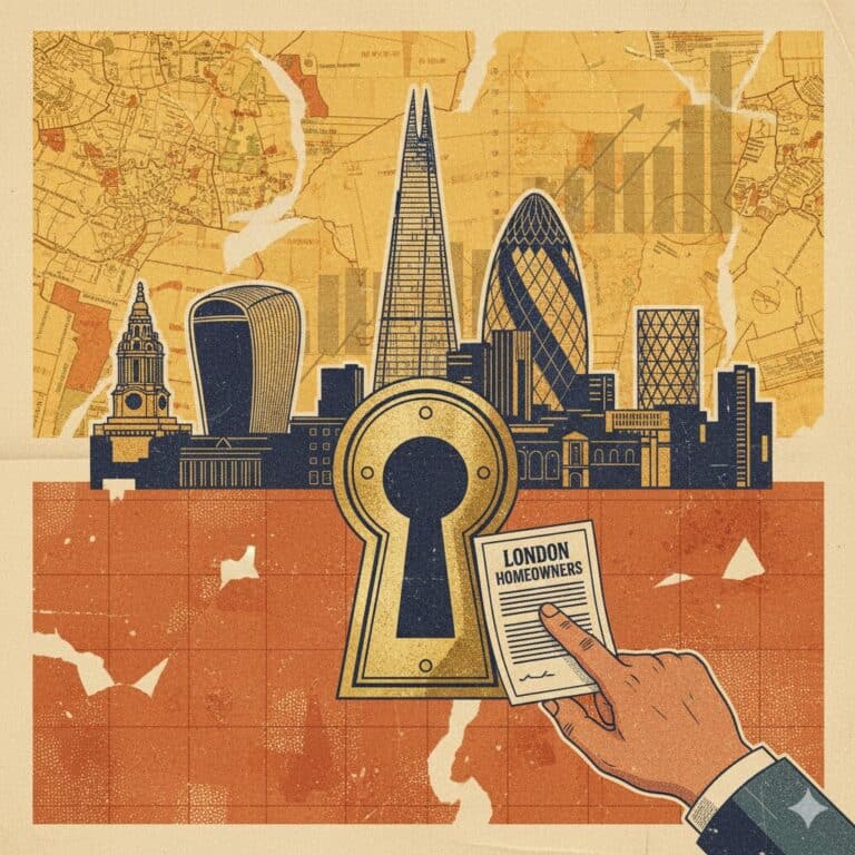 An editorial illustration of the London skyline featuring The Shard and The Gherkin behind a large golden keyhole, with a hand holding a document labeled "London Homeowners" against a vintage map background.