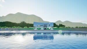 Aerial render of the Kep coastal development, showcasing the Lighthouse and Beach Club structures along the Cambodian coastline.