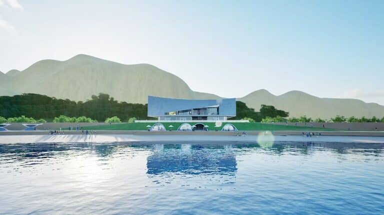 Aerial render of the Kep coastal development, showcasing the Lighthouse and Beach Club structures along the Cambodian coastline.