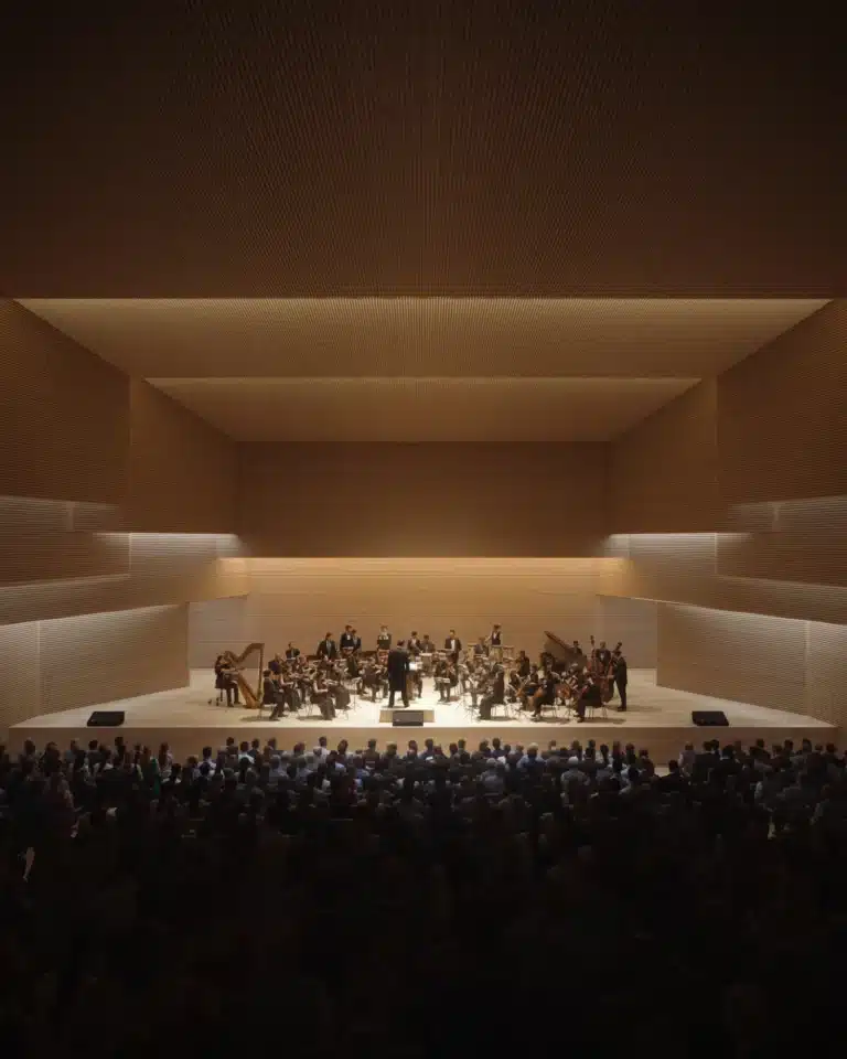 Interior of the Spiral Library concert hall featuring horizontal acoustic timber slatting on walls and ceilings with an orchestra performing on stage.