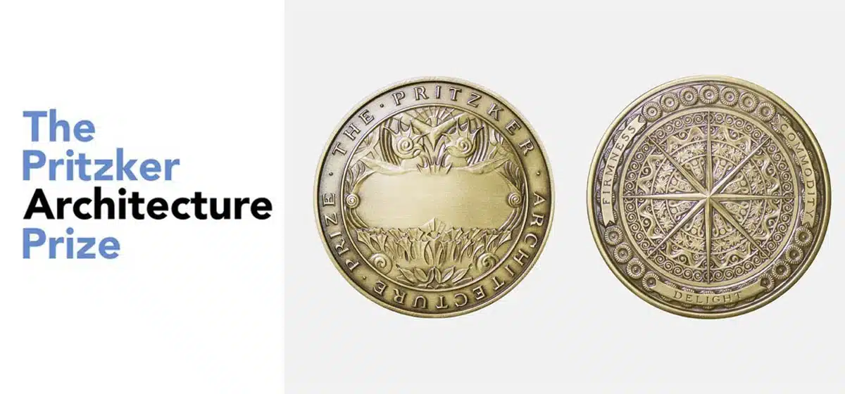 A detailed composite view showing the official blue and black logo alongside the front and back of the bronze Pritzker Prize medallion, featuring the inscribed Vitruvian motto firmness commodity delight.