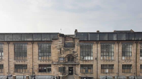 The stone facade of the Mackintosh building, showing the extensive fire damage ahead of the planned Mackintosh building rebuild.