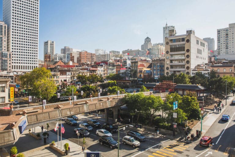 The old pedestrian bridge over Kearny Street, slated for removal as part of the Portsmouth Square renovation.