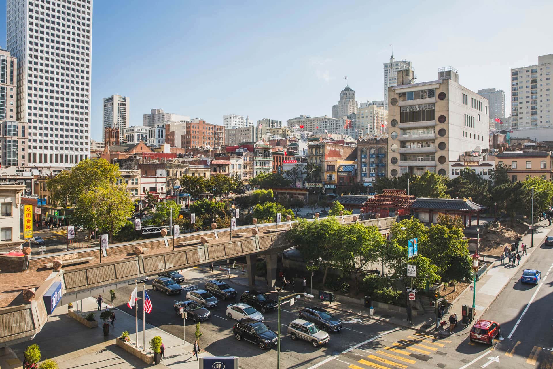 The old pedestrian bridge over Kearny Street, slated for removal as part of the Portsmouth Square renovation.