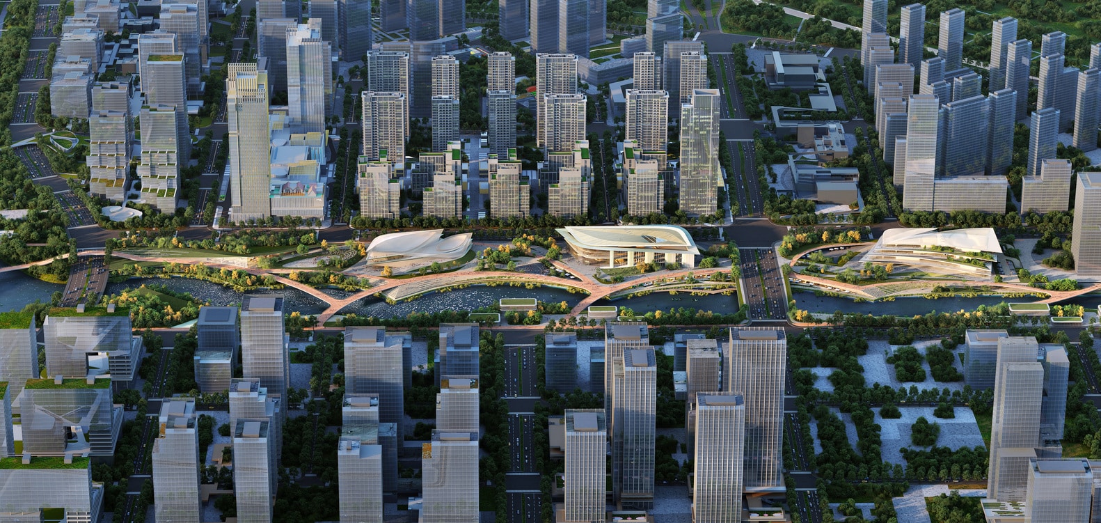 Aerial view of the Qiantang Bay Cultural District at dusk, showcasing illuminated buildings and waterfront parklands that define the project's large-scale vision.