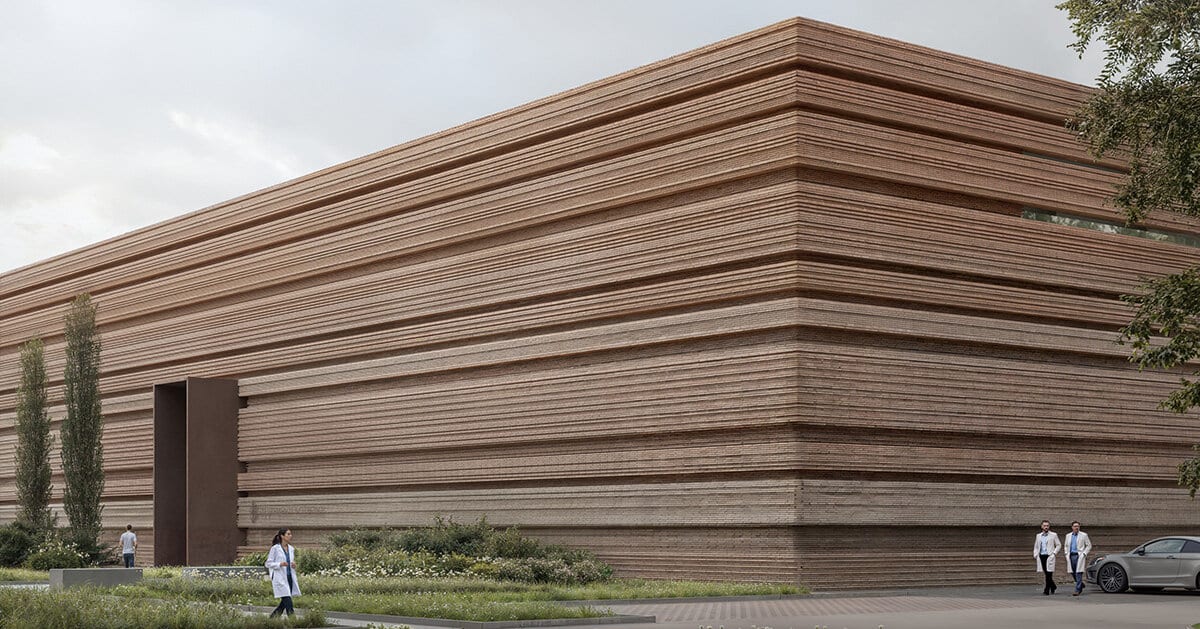 A daytime rendering of the main facade of the Debrecen Collection Center, showing its long, stratified brick exterior under a clear sky.