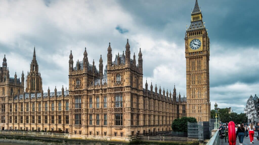 A wide view of the historic Palace of Westminster from across the River Thames, the subject of a major restoration project.