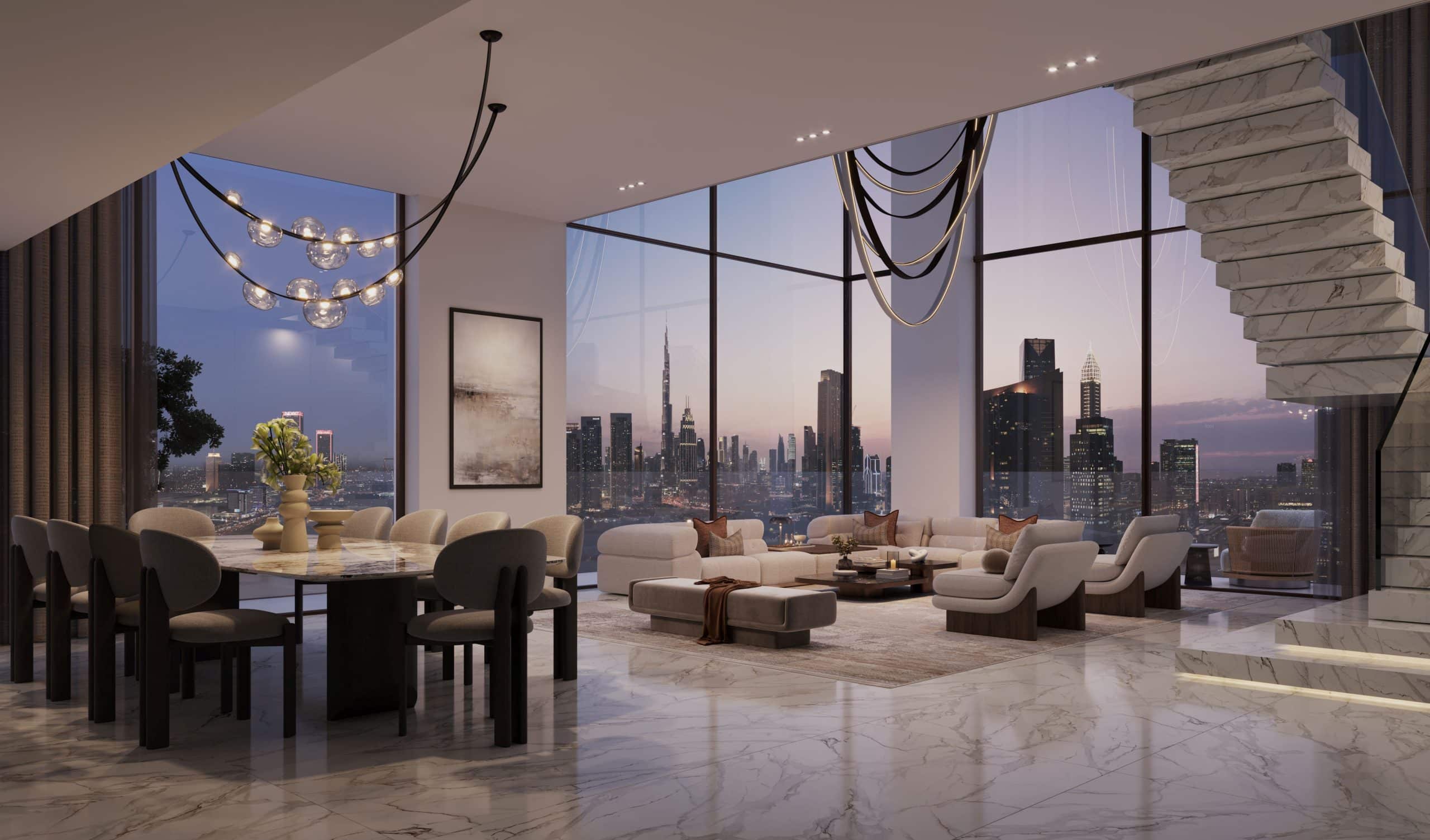 Exterior rendering of The Residences towers in Zabeel District at dusk, highlighting the illuminated facade and water features at the entrance.