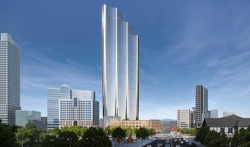 A detailed close-up of the tower's pleated fa&ccedil;ade, showing the intricate, orchid-inspired fluting that regulates light and airflow.