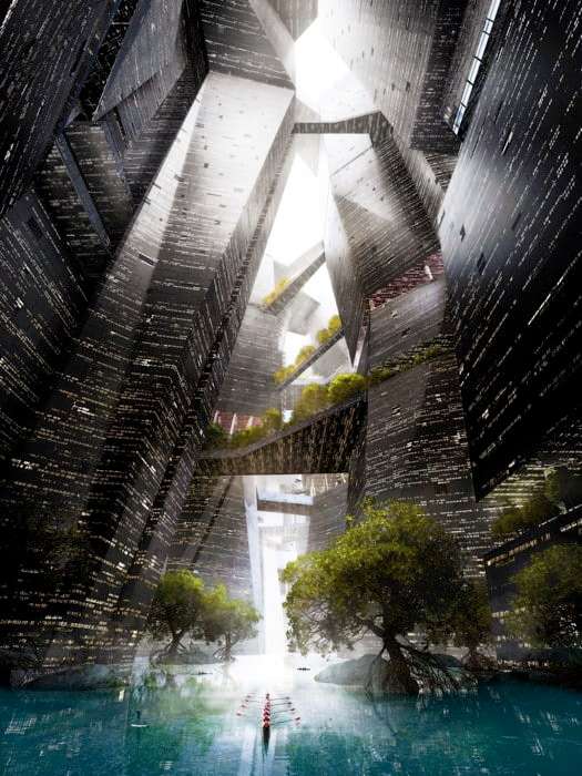 A long, linear, mirrored skyscraper, representing The Line at NEOM, stretches across a vast desert landscape under a clear blue sky, illustrating the ambitious scale central to the NEOM architectural critique.