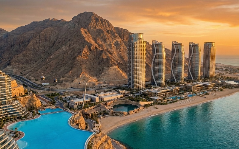 A wide daytime view of the Mont Galala project on the Red Sea coast, showing the terraced towers built into the mountainside overlooking the marina.