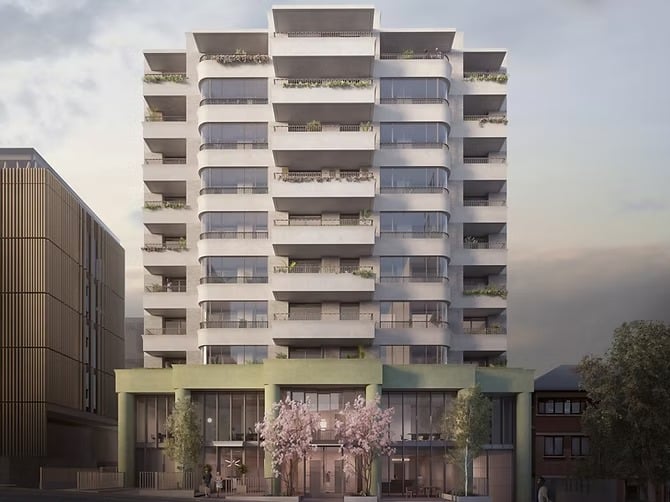 Aerial view of the six proposed contemporary family homes, showcasing the uniform rooflines and compact layout of the Streatham brownfield development.