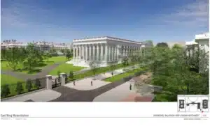 Detailed exterior rendering of the proposed White House Ballroom looking northwest, featuring a classical colonnade and arched windows surrounded by landscaping.