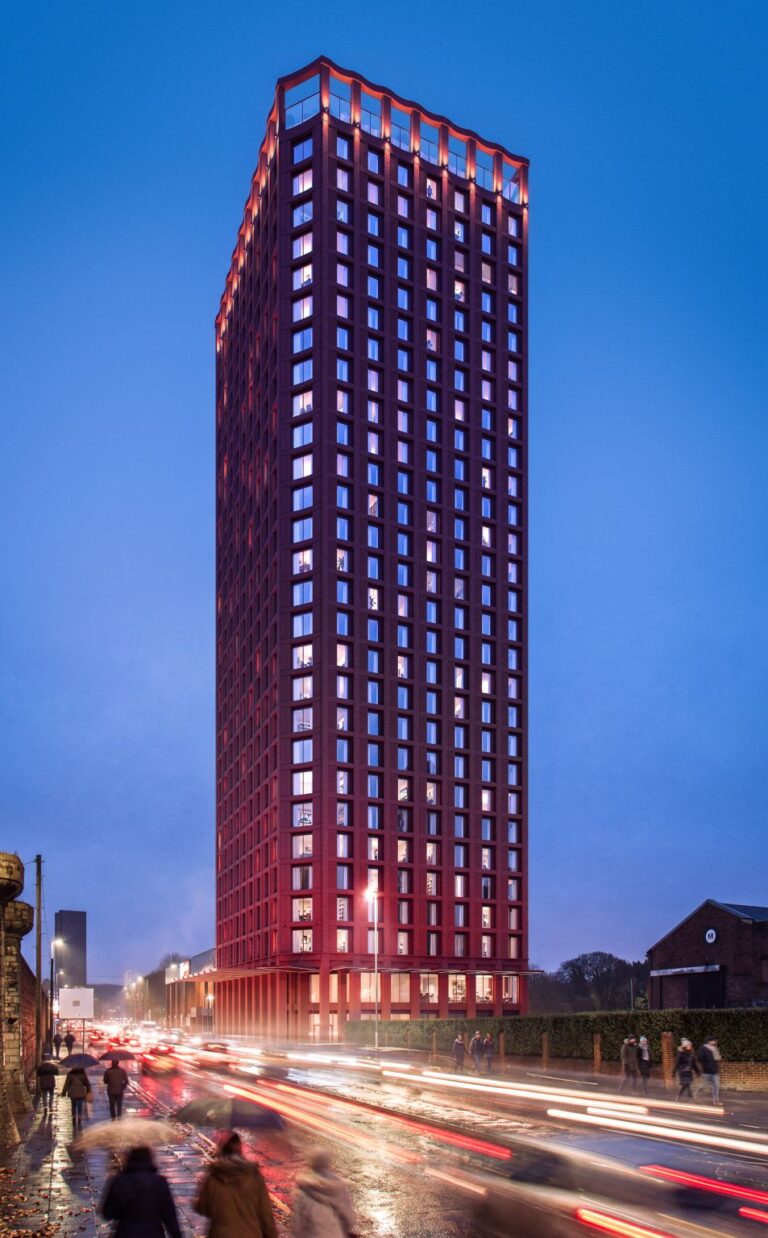 Night rendering of the 28-storey terracotta Liverpool tower at King Edward Triangle, featuring a rhythmic grid facade, illuminated rooftop crown, and a bustling street level with car light trails.