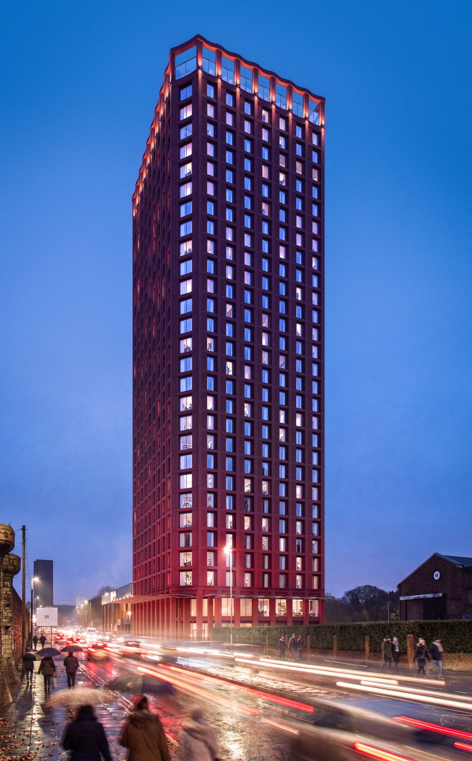 Night rendering of the 28-storey terracotta Liverpool tower at King Edward Triangle, featuring a rhythmic grid facade, illuminated rooftop crown, and a bustling street level with car light trails.
