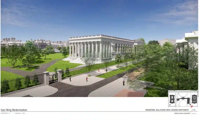Detailed exterior rendering of the proposed White House Ballroom looking northwest, featuring a classical colonnade and arched windows surrounded by landscaping.