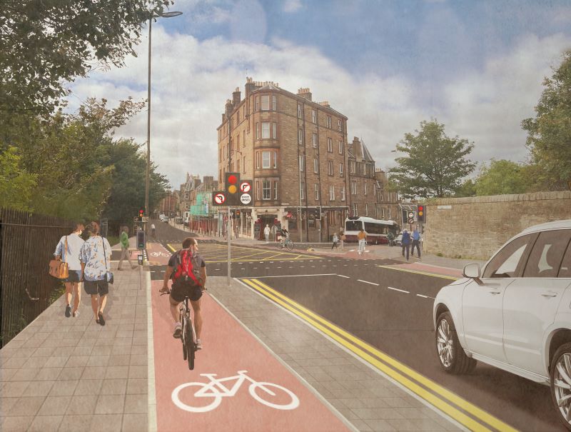 A realistic visualization of Urban Regeneration in Edinburgh, featuring a new segregated red cycle lane, wide paved sidewalks with pedestrians, and historic sandstone tenement buildings under a cloudy sky.