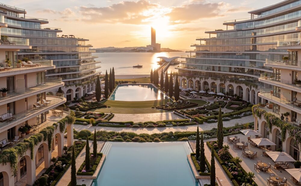 Sunset view of the Marjan Beach masterplan featuring cascading residential buildings with classical arches, formal French-style gardens, and infinity pools overlooking the Arabian Gulf.
