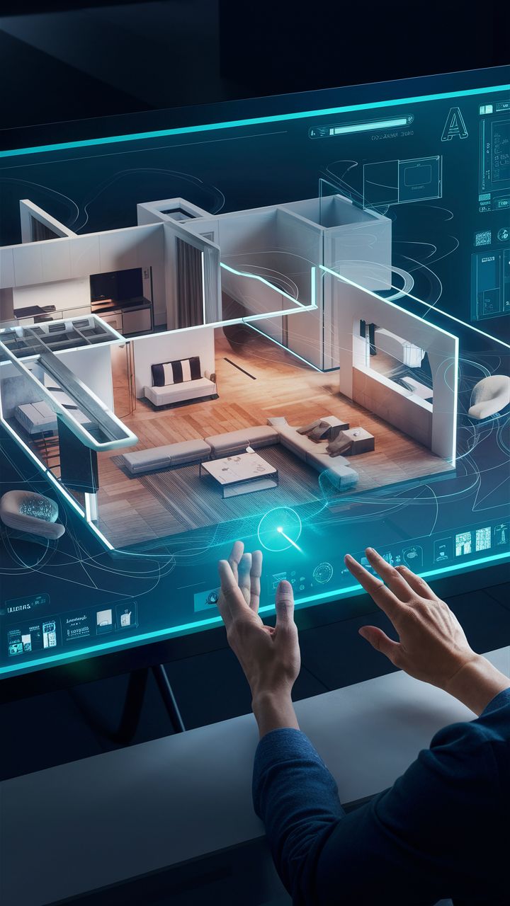 A hyper-realistic close-up of an architect's hands working on a physical wooden model of a cultural center, with glowing holographic wireframes illustrating AI Architecture Automation and structural analysis overlaying the physical design.