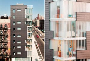 A rendering showing the massing and facade details of the newly approved aparthotel in Meridian Square, which completes a trio of towers in Stratford's regenerating center.