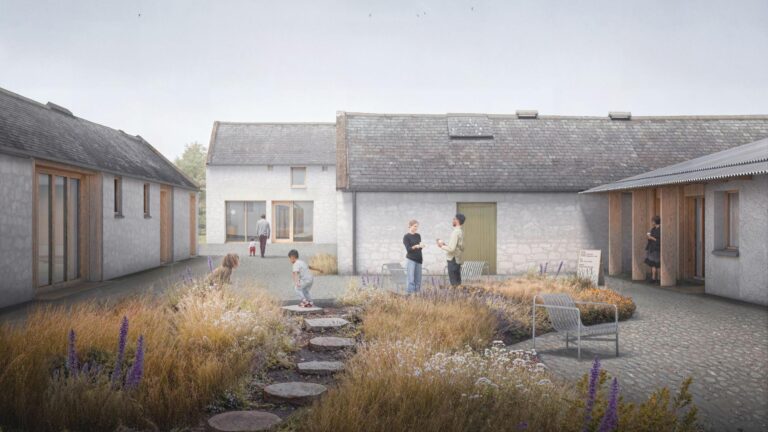 Architectural rendering of the Burns farmstead restoration featuring a central courtyard with wild native landscaping, stepping stones, and historic stone buildings with slate roofs.