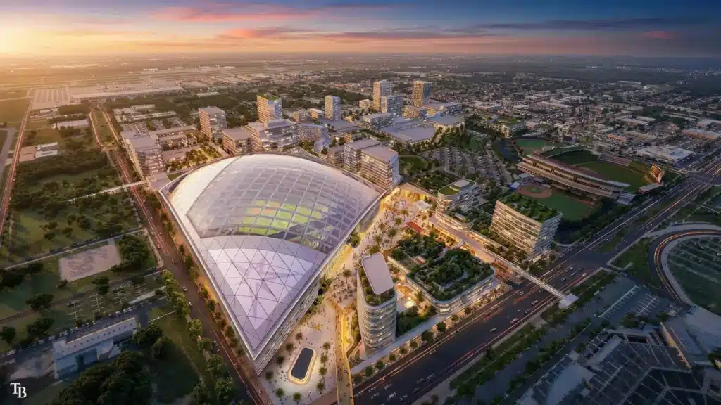 Aerial view of the proposed Tampa Rays Stadium featuring a translucent faceted roof surrounded by a mixed-use district and green spaces during sunset.