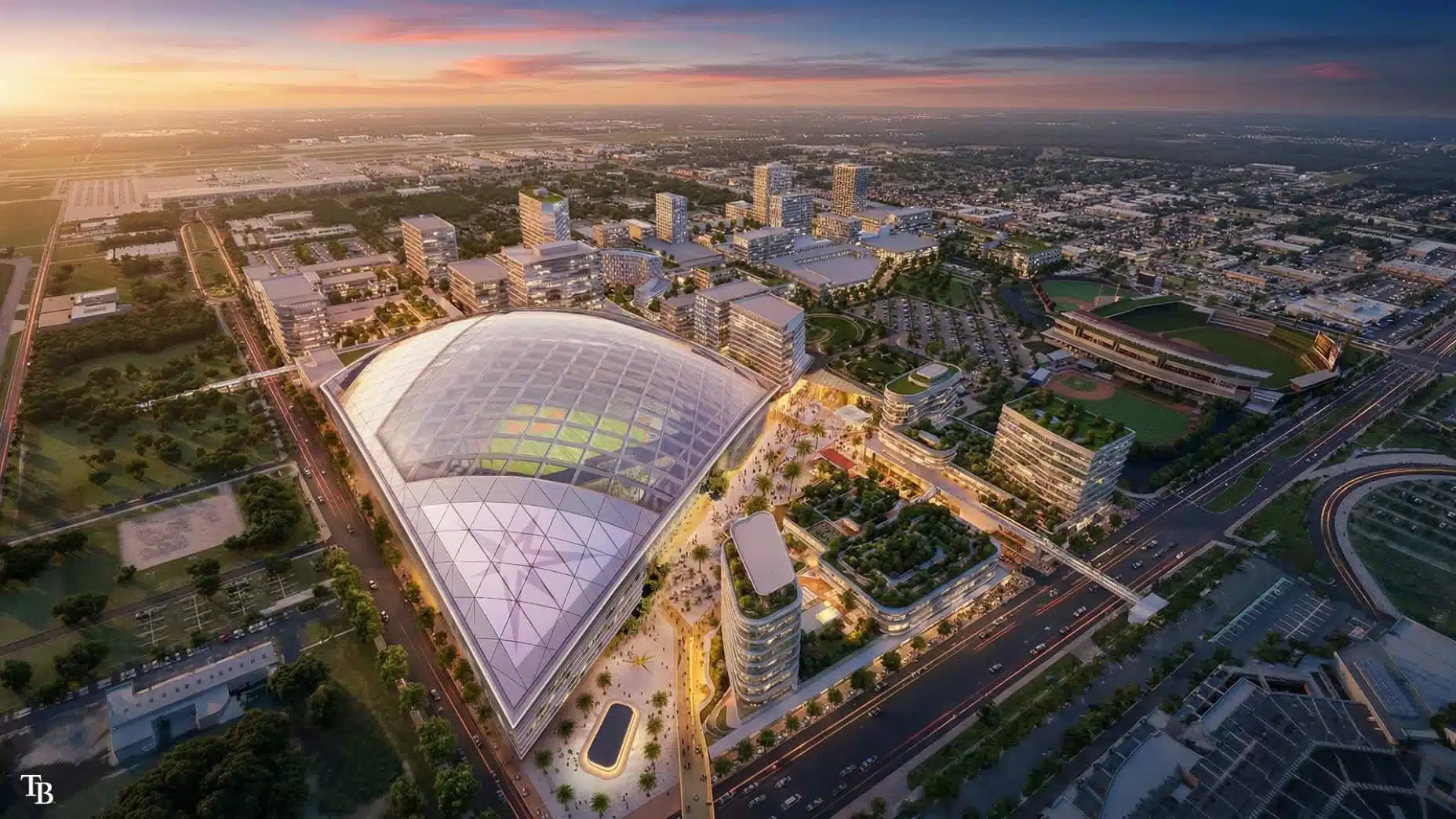 Aerial view of the proposed Tampa Rays Stadium featuring a translucent faceted roof surrounded by a mixed-use district and green spaces during sunset.