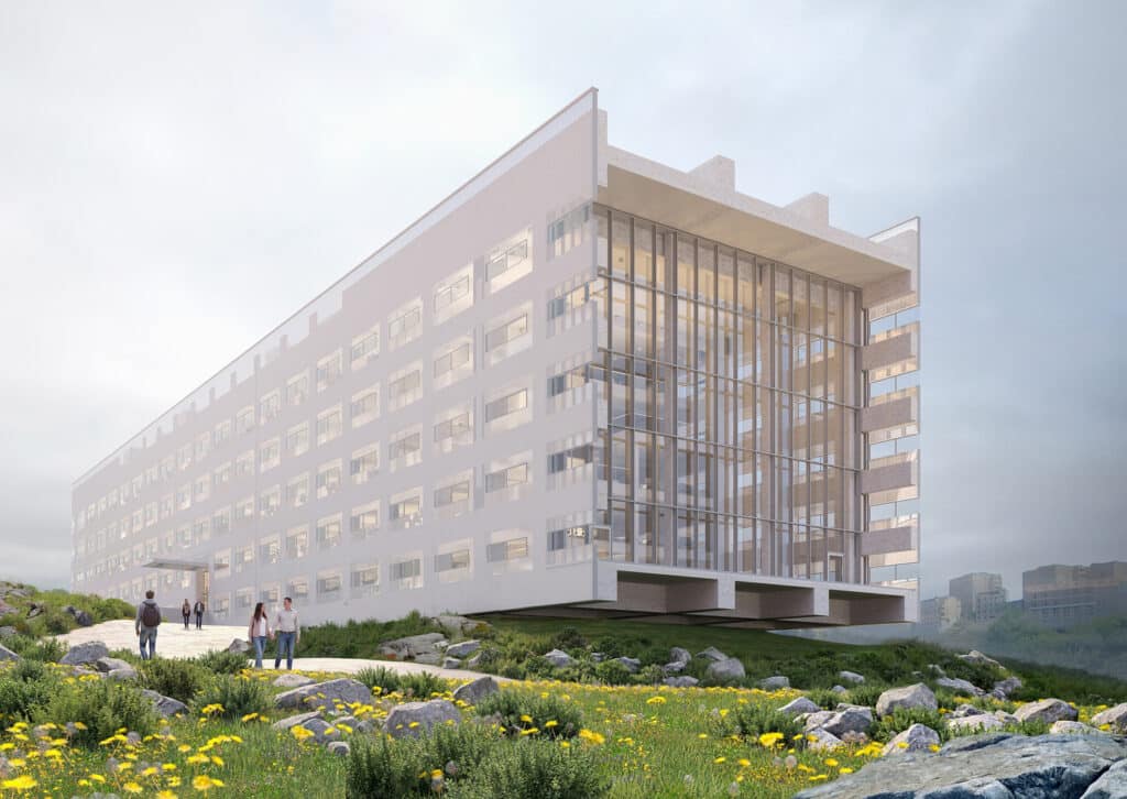 Exterior view of the Yerevan Educational Center featuring a translucent white facade and a cantilevered structure over a rocky landscape.